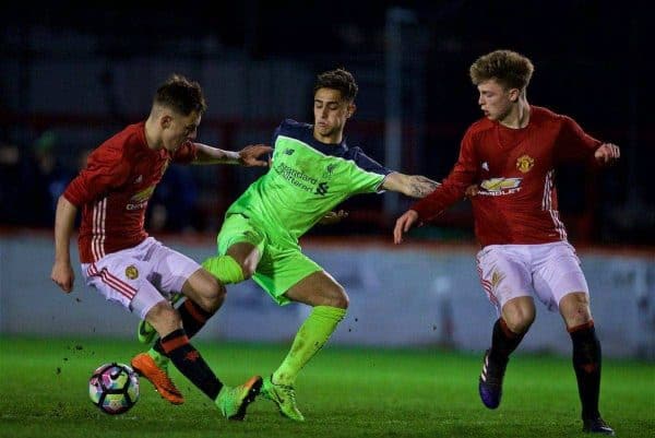 ALTRINGHAM, ENGLAND - Friday, March 10, 2017: Liverpool's Yan Dhanda in action against Manchester United during an Under-18 FA Premier League Merit Group A match at Moss Lane. (Pic by David Rawcliffe/Propaganda)