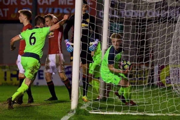 ALTRINGHAM, ENGLAND - Friday, March 10, 2017: Liverpool's Louis Longstaff celebrates scoring the second goal against Manchester United to equalise at 2-2 during an Under-18 FA Premier League Merit Group A match at Moss Lane. (Pic by David Rawcliffe/Propaganda)