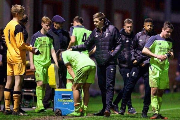 ALTRINGHAM, ENGLAND - Friday, March 10, 2017: Liverpool's academy coach Steven Gerrard congratulates his team after a 2-2 draw with Manchester United during an Under-18 FA Premier League Merit Group A match at Moss Lane. (Pic by David Rawcliffe/Propaganda)