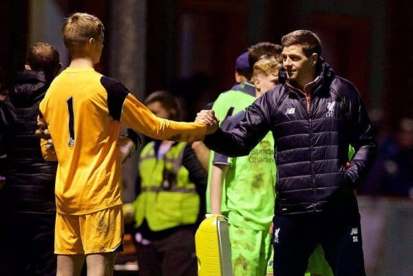 ALTRINGHAM, ENGLAND - Friday, March 10, 2017: Liverpool's academy coach Steven Gerrard congratulates his team after a 2-2 draw with Manchester United during an Under-18 FA Premier League Merit Group A match at Moss Lane. (Pic by David Rawcliffe/Propaganda)