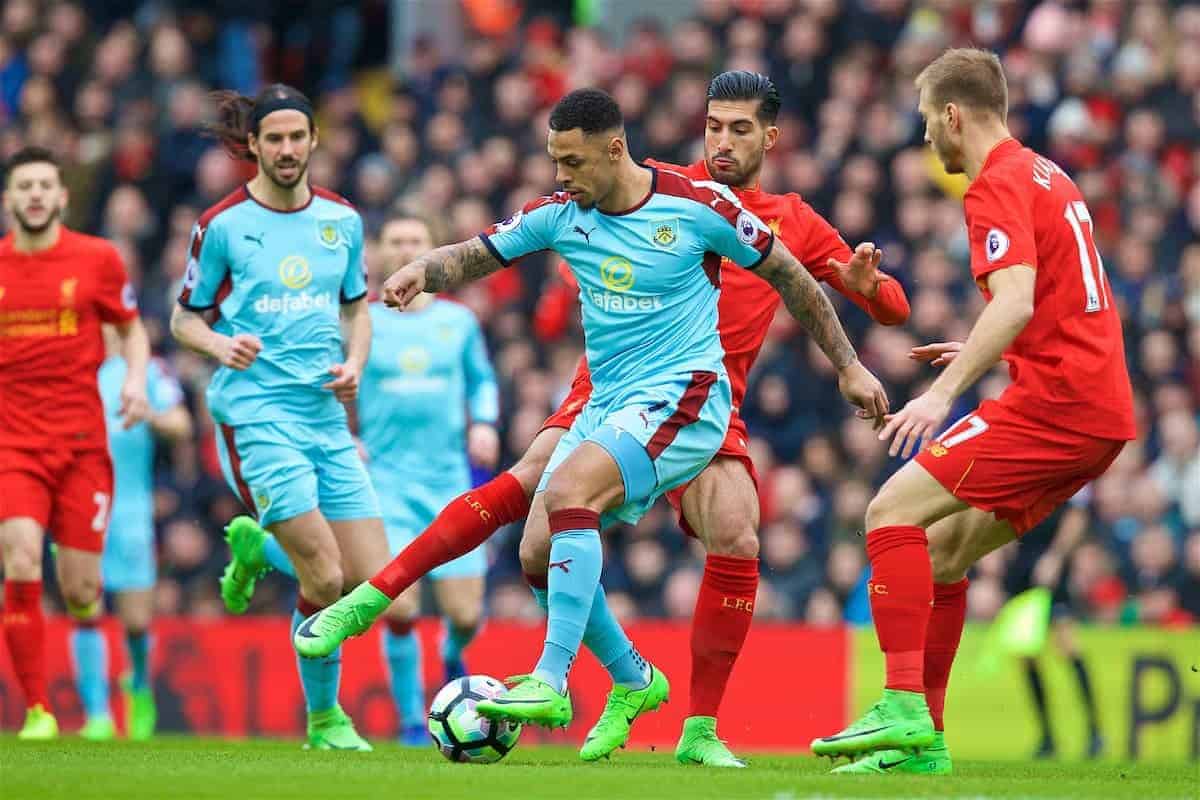 LIVERPOOL, ENGLAND - Sunday, March 12, 2017: Liverpool's Emre Can in action against Burnley's Andre Gray during the FA Premier League match at Anfield. (Pic by David Rawcliffe/Propaganda)