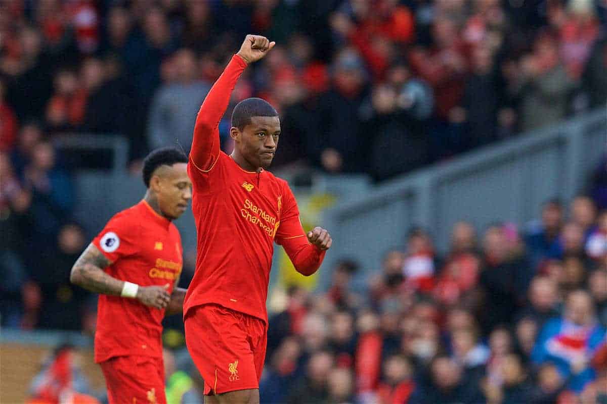 LIVERPOOL, ENGLAND - Sunday, March 12, 2017: Liverpool's Georginio Wijnaldum scores the first equalising goal against Burnley in injury time of the first half during the FA Premier League match at Anfield. (Pic by David Rawcliffe/Propaganda)