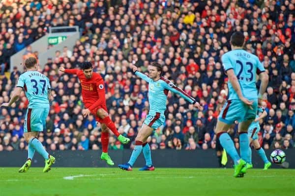 LIVERPOOL, ENGLAND - Sunday, March 12, 2017: Liverpool's Emre Can scores the second goal against Burnley during the FA Premier League match at Anfield. (Pic by David Rawcliffe/Propaganda)