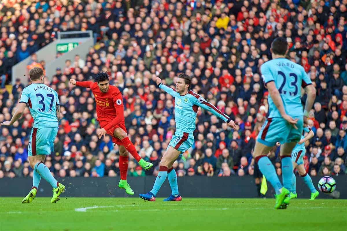 LIVERPOOL, ENGLAND - Sunday, March 12, 2017: Liverpool's Emre Can scores the second goal against Burnley during the FA Premier League match at Anfield. (Pic by David Rawcliffe/Propaganda)