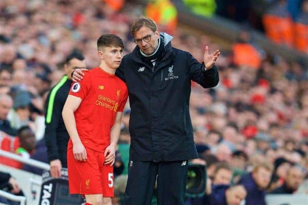 LIVERPOOL, ENGLAND - Sunday, March 12, 2017: Liverpool's manager Jürgen Klopp prepares to bing on substitute Ben Woodburn against Burnley during the FA Premier League match at Anfield. (Pic by David Rawcliffe/Propaganda)