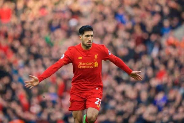 LIVERPOOL, ENGLAND - Sunday, March 12, 2017: Liverpool's Emre Can celebrates scoring the second goal against Burnley during the FA Premier League match at Anfield. (Pic by David Rawcliffe/Propaganda)