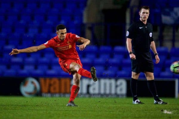 BIRKENHEAD, ENGLAND - Monday, March 13, 2017: Liverpool's Trent Alexander-Arnold scores the second goal against Chelsea from a free-kick during the Under-23 FA Premier League 2 Division 1 match at Prenton Park. (Pic by David Rawcliffe/Propaganda)