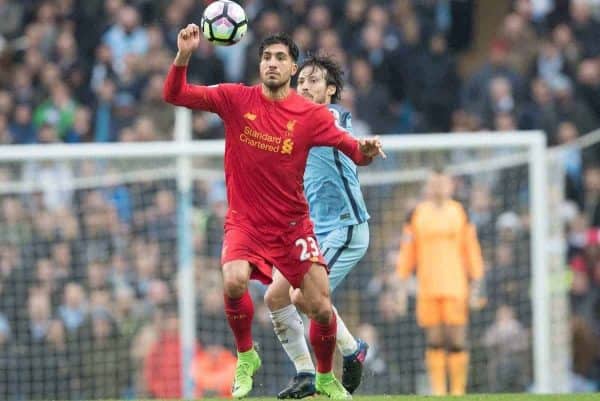 MANCHESTER, ENGLAND - Sunday, March 19, 2017: Liverpool's Emre Can in action against Manchester City's David Silva during the FA Premier League match at the City of Manchester Stadium. (Pic by Gavin Trafford/Propaganda)