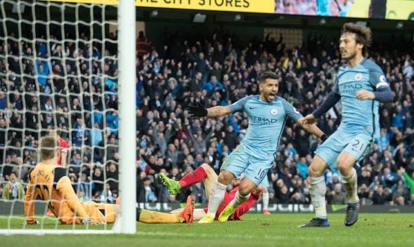 MANCHESTER, ENGLAND - Sunday, March 19, 2017: Manchester City's Sergio Aguero scores his teams equalising goal during the FA Premier League match against Liverpool at the City of Manchester Stadium. (Pic by Gavin Trafford/Propaganda)