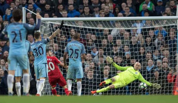 MANCHESTER, ENGLAND - Sunday, March 19, 2017: Liverpool's Adam Lallana in action against Manchester City's Willy Caballero during the FA Premier League match at the City of Manchester Stadium. (Pic by Gavin Trafford/Propaganda)