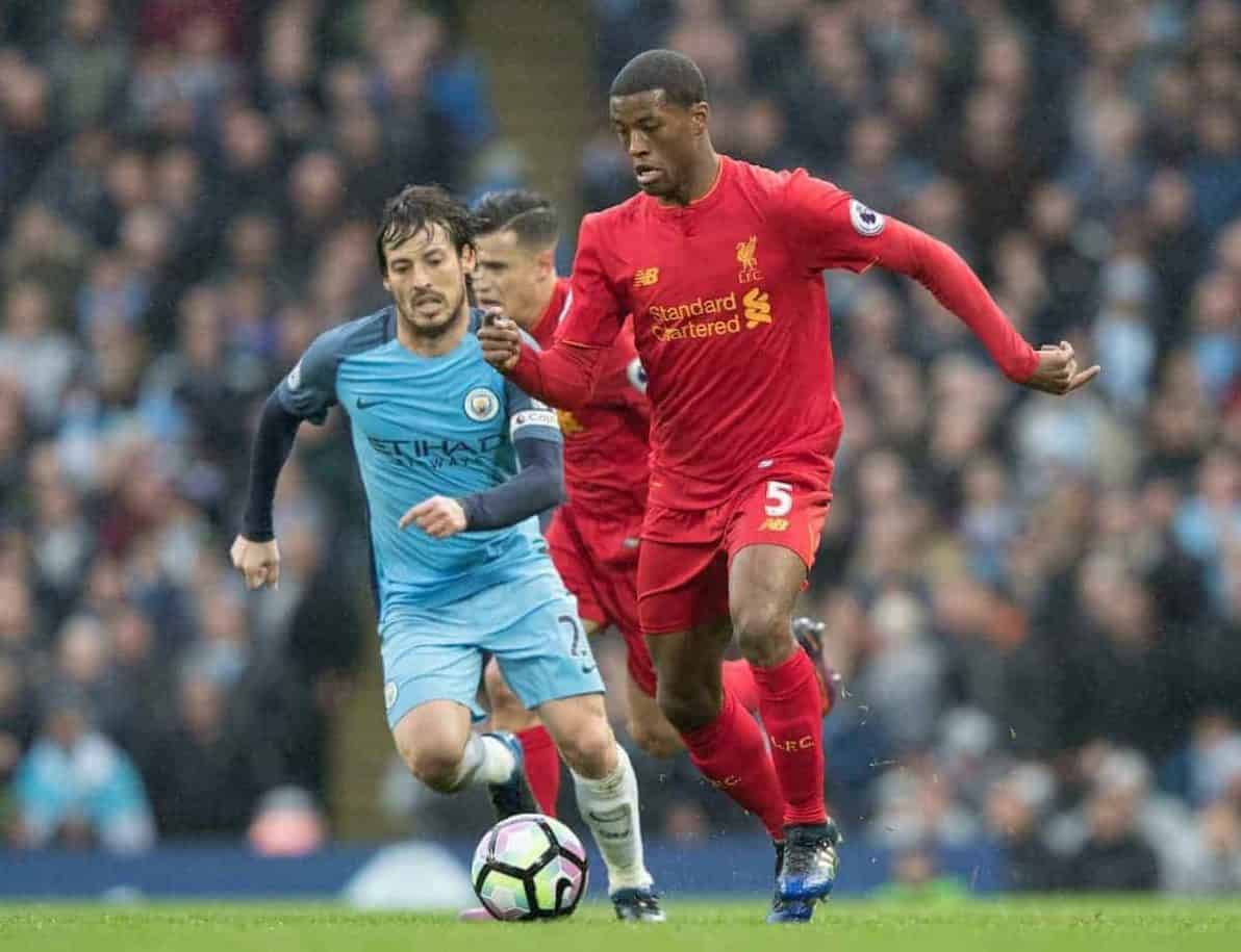 MANCHESTER, ENGLAND - Sunday, March 19, 2017: Liverpool's Georginio Wijnaldum in action against Manchester City's David Silva during the FA Premier League match at the City of Manchester Stadium. (Pic by Gavin Trafford/Propaganda)