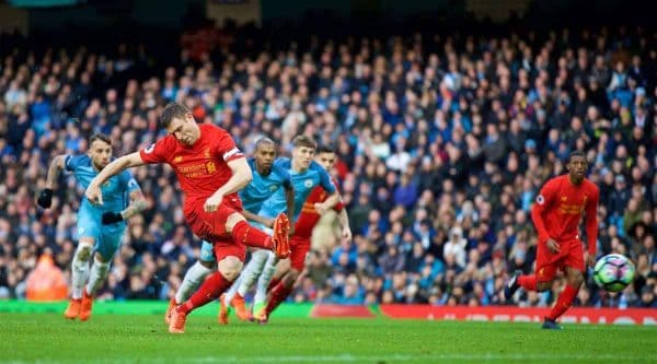 MANCHESTER, ENGLAND - Sunday, March 19, 2017: Liverpool's James Milner scores the first goal against Manchester City from the penalty spot during the FA Premier League match at the City of Manchester Stadium. (Pic by David Rawcliffe/Propaganda)