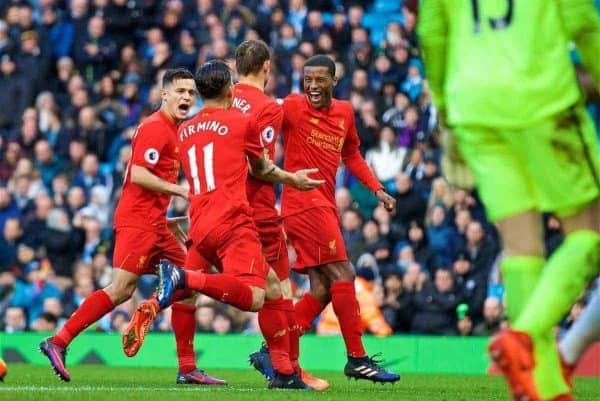 MANCHESTER, ENGLAND - Sunday, March 19, 2017: Liverpool's James Milner celebrates scoring the first goal against Manchester City from the penalty spot during the FA Premier League match at the City of Manchester Stadium. (Pic by David Rawcliffe/Propaganda)