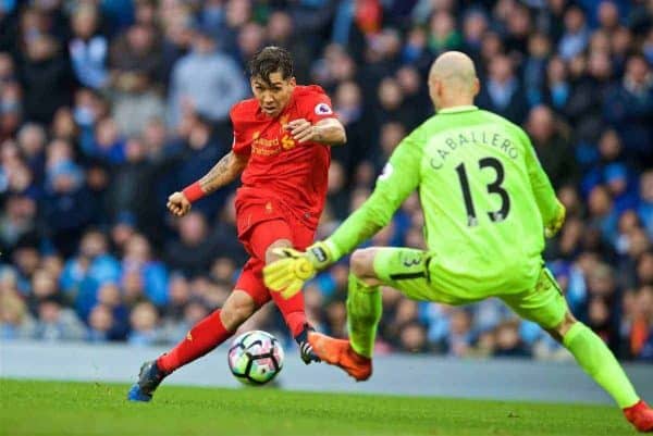 MANCHESTER, ENGLAND - Sunday, March 19, 2017: Liverpool's Roberto Firmino sees his shot saved by Manchester City's goalkeeper Willy Caballero during the FA Premier League match at the City of Manchester Stadium. (Pic by David Rawcliffe/Propaganda)