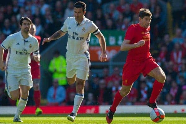 LIVERPOOL, ENGLAND - Saturday, March 25, 2017: Liverpoolís Steven Gerrard in action against Real Madrid during a Legends friendly match at Anfield. (Pic by Peter Powell/Propaganda)