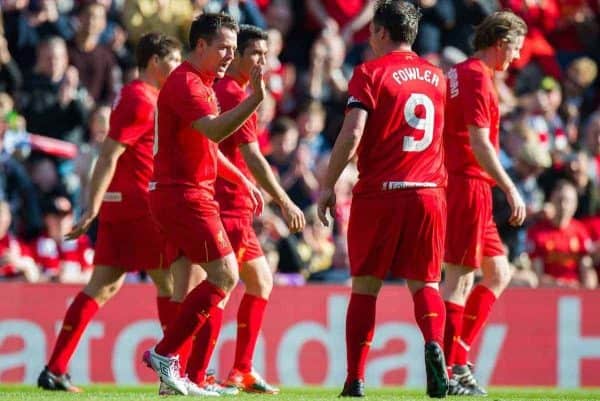 LIVERPOOL, ENGLAND - Saturday, March 25, 2017: Liverpool’s Michael Owen is congratulated by Liverpool’s Robbie Fowler after scoring the opening goal against Real Madrid during a Legends friendly match at Anfield. (Pic by Peter Powell/Propaganda)