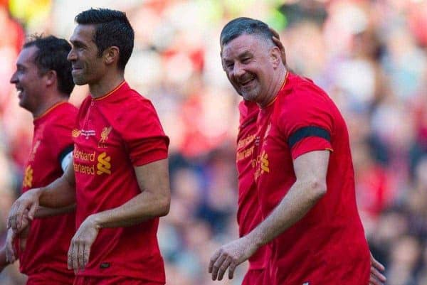 LIVERPOOL, ENGLAND - Saturday, March 25, 2017: Liverpoolís John Aldridge is congratulated after scoring the second goal Real Madrid's Steve McManaman during a Legends friendly match at Anfield. (Pic by Peter Powell/Propaganda)