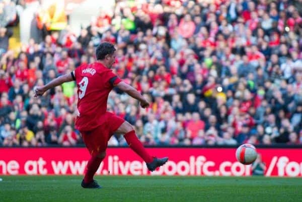 LIVERPOOL, ENGLAND - Saturday, March 25, 2017: Liverpoolís Robbie Fowler scores the third goal making the score against Real Madrid during a Legends friendly match at Anfield. (Pic by Peter Powell/Propaganda)