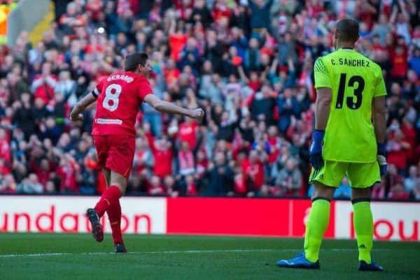 LIVERPOOL, ENGLAND - Saturday, March 25, 2017: Liverpool’s Steven Gerrard celebrates scoring the fourth goal against Real Madrid during a Legends friendly match at Anfield. (Pic by Peter Powell/Propaganda)