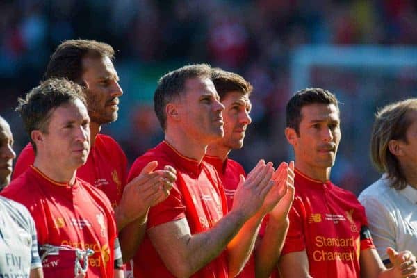 LIVERPOOL, ENGLAND - Saturday, March 25, 2017: Liverpoolís Jamie Carragher is joined by the players from both teams in a minute applause for the former Liverpool player Ronnie Moran who died this week before a Legends friendly match against Real Madrid at Anfield. (Pic by Peter Powell/Propaganda)