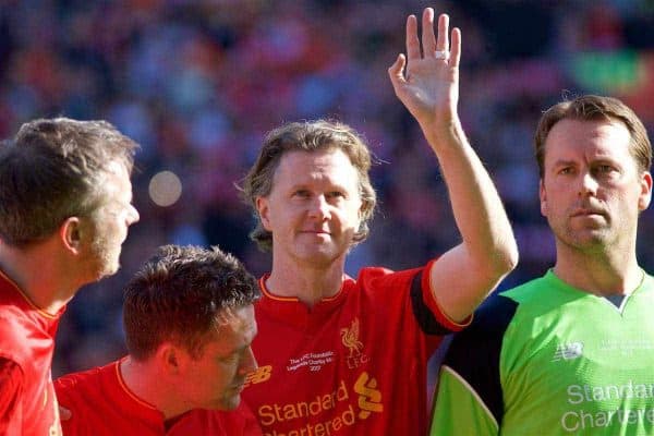 LIVERPOOL, ENGLAND - Saturday, March 25, 2017: Liverpool's Steve McManaman waving to fans before a Legends friendly match against Real Madrid at Anfield. (Pic by Lexie Lin/Propaganda)