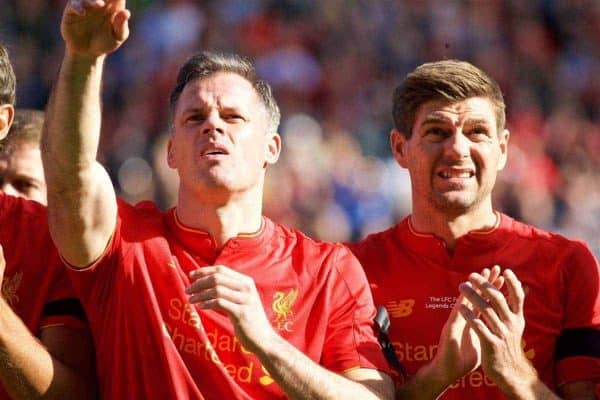 LIVERPOOL, ENGLAND - Saturday, March 25, 2017: Liverpool's Jamie Carragher and Steven Gerrard during a Legends friendly match against Real Madrid at Anfield. (Pic by Lexie Lin/Propaganda)