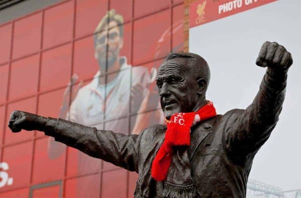 LIVERPOOL, ENGLAND - Saturday, April 1, 2017: A statue of former Liverpool manager Bill Shankly with an image of current manager Jürgen Klopp in the background, before the FA Premier League match, the 228th Merseyside Derby, against Everton at Anfield. (Pic by David Rawcliffe/Propaganda)