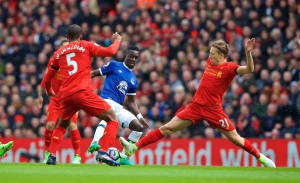 LIVERPOOL, ENGLAND - Saturday, April 1, 2017: Liverpool's Lucas Leiva in action against Everton's Idriss Gana Gueye  during the FA Premier League match, the 228th Merseyside Derby, at Anfield. (Pic by David Rawcliffe/Propaganda)