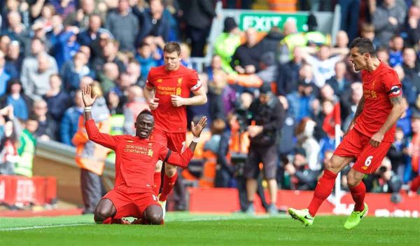 LIVERPOOL, ENGLAND - Saturday, April 1, 2017: Liverpool's Sadio Mane celebrates scoring the first goal against Everton during the FA Premier League match, the 228th Merseyside Derby, at Anfield. (Pic by David Rawcliffe/Propaganda)