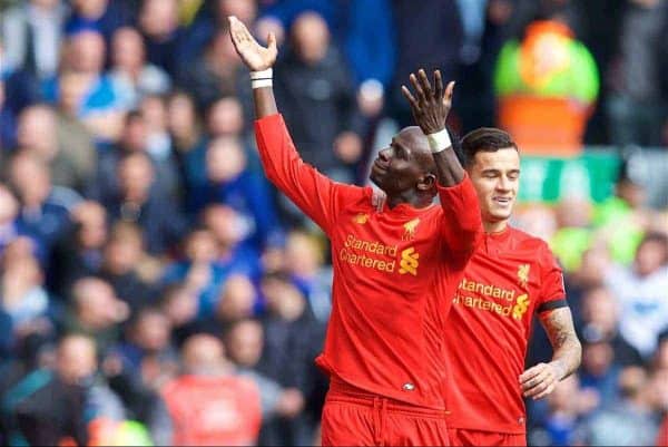 LIVERPOOL, ENGLAND - Saturday, April 1, 2017: Liverpool's Sadio Mane celebrates scoring the first goal against Everton during the FA Premier League match, the 228th Merseyside Derby, at Anfield. (Pic by David Rawcliffe/Propaganda)