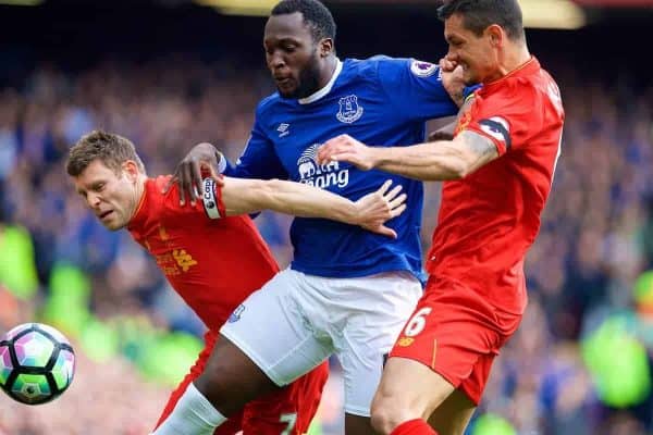 LIVERPOOL, ENGLAND - Saturday, April 1, 2017: Liverpool's James Milner and Dejan Lovren in action against Everton's Romelu Lukaku during the FA Premier League match, the 228th Merseyside Derby, at Anfield. (Pic by David Rawcliffe/Propaganda)