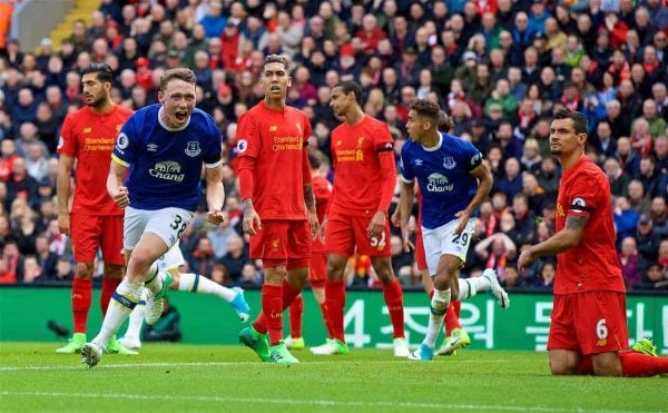 LIVERPOOL, ENGLAND - Saturday, April 1, 2017: Everton's Matthew Pennington celebrates scoring the first equalising goal against Liverpool during the FA Premier League match, the 228th Merseyside Derby, at Anfield. (Pic by David Rawcliffe/Propaganda)