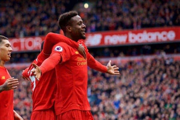 LIVERPOOL, ENGLAND - Saturday, April 1, 2017: Liverpool's Divock Origi celebrates scoring the third goal against Everton during the FA Premier League match, the 228th Merseyside Derby, at Anfield. (Pic by David Rawcliffe/Propaganda)