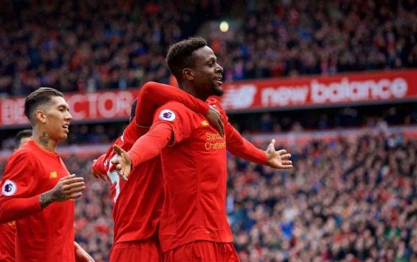 LIVERPOOL, ENGLAND - Saturday, April 1, 2017: Liverpool's Divock Origi celebrates scoring the third goal against Everton during the FA Premier League match, the 228th Merseyside Derby, at Anfield. (Pic by David Rawcliffe/Propaganda)