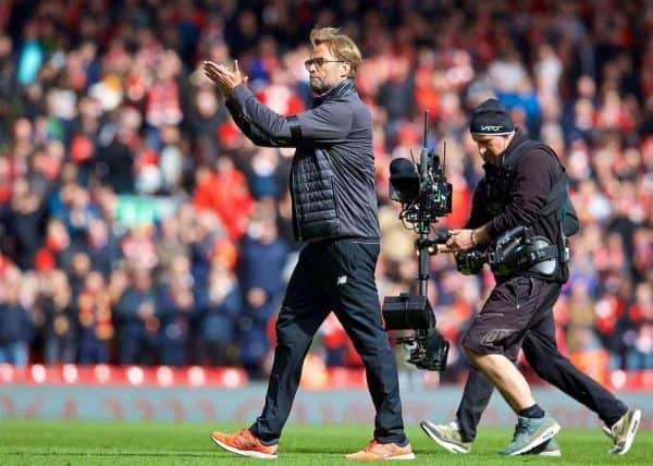 LIVERPOOL, ENGLAND - Saturday, April 1, 2017: Liverpool's manager Jürgen Klopp celebrates his side's 3-1 victory over Everton during the FA Premier League match, the 228th Merseyside Derby, at Anfield. (Pic by David Rawcliffe/Propaganda)