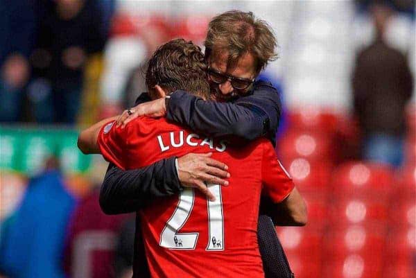LIVERPOOL, ENGLAND - Saturday, April 1, 2017: Liverpool's manager Jürgen Klopp embraces Lucas Leiva after the 3-1 victory over Everton during the FA Premier League match, the 228th Merseyside Derby, at Anfield. (Pic by David Rawcliffe/Propaganda)