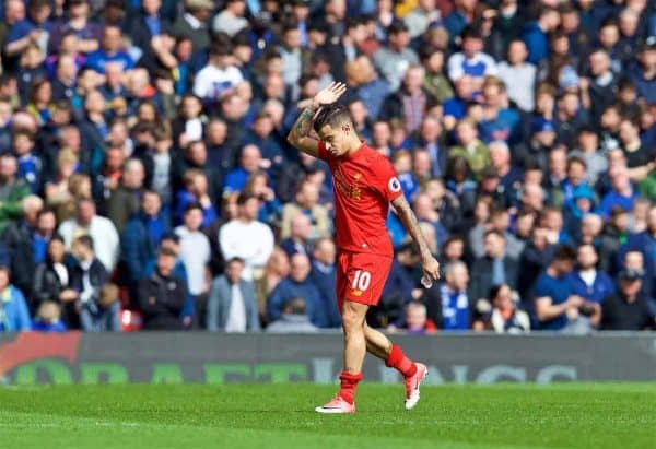 LIVERPOOL, ENGLAND - Saturday, April 1, 2017: Liverpool's Philippe Coutinho Correia waves to the supporters as he is given a standing ovation during the FA Premier League match, the 228th Merseyside Derby, against Everton at Anfield. (Pic by David Rawcliffe/Propaganda)