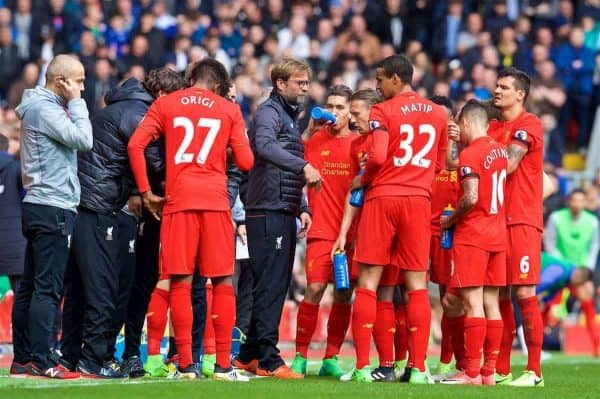 LIVERPOOL, ENGLAND - Saturday, April 1, 2017: Liverpool's manager Jürgen Klopp gives a team-talk on the pitch during the FA Premier League match, the 228th Merseyside Derby, against Everton at Anfield. (Pic by David Rawcliffe/Propaganda)