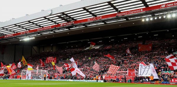 LIVERPOOL, ENGLAND - Saturday, April 1, 2017: Liverpool supporters on the Spion Kop during the FA Premier League match against Everton, the 228th Merseyside Derby, at Anfield. (Pic by David Rawcliffe/Propaganda)