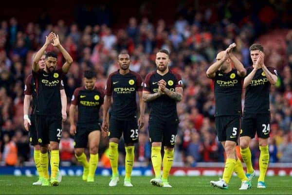 LONDON, ENGLAND - Sunday, April 2, 2017: Manchester City players look dejected after their 2-2 draw with Arsenal during the FA Premier League match at the Emirates Stadium. (Pic by David Rawcliffe/Propaganda)