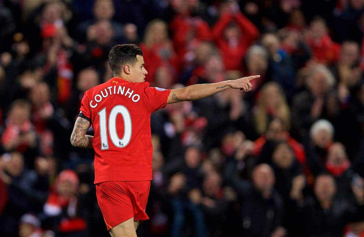 LIVERPOOL, ENGLAND - Wednesday, April 5, 2017: Liverpool's Philippe Coutinho Correia celebrates scoring the first equalising goal against AFC Bournemouth during the FA Premier League match at Anfield. (Pic by David Rawcliffe/Propaganda)