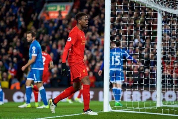 LIVERPOOL, ENGLAND - Wednesday, April 5, 2017: Liverpool's Divock Origi celebrates scoring the second goal against AFC Bournemouth during the FA Premier League match at Anfield. (Pic by David Rawcliffe/Propaganda)