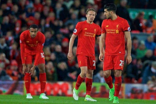 LIVERPOOL, ENGLAND - Wednesday, April 5, 2017: Liverpool's Lucas Leiva and Emre Can look dejected as AFC Bournemouth score the second equalising goal during the FA Premier League match at Anfield. (Pic by David Rawcliffe/Propaganda)