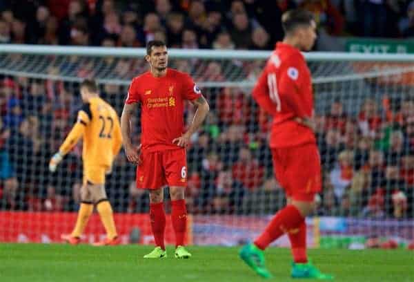 LIVERPOOL, ENGLAND - Wednesday, April 5, 2017: Liverpool's Dejan Lovren looks dejected as AFC Bournemouth score the second equalising goal during the FA Premier League match at Anfield. (Pic by David Rawcliffe/Propaganda)