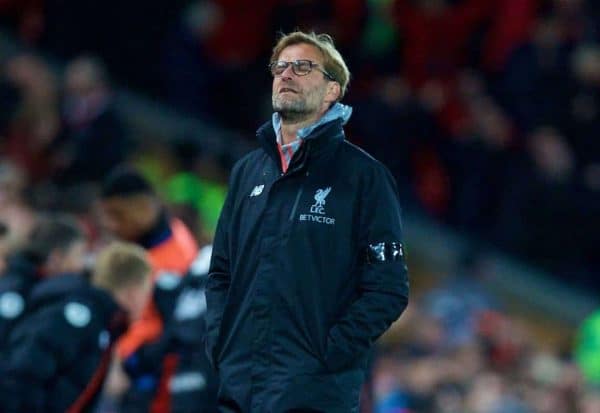 LIVERPOOL, ENGLAND - Wednesday, April 5, 2017: Liverpool's manager Jürgen Klopp looks dejected as AFC Bournemouth score a second equalising goal to seal 2-2 draw during the FA Premier League match at Anfield. (Pic by David Rawcliffe/Propaganda)