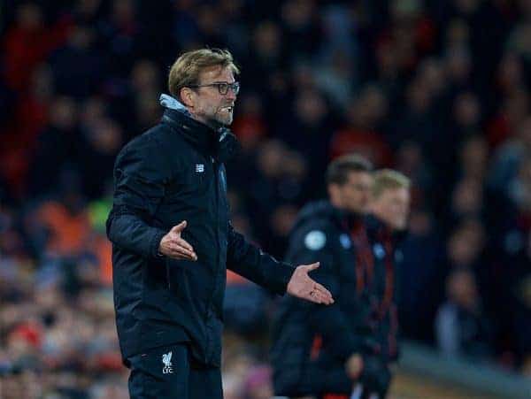 LIVERPOOL, ENGLAND - Wednesday, April 5, 2017: Liverpool's manager Jürgen Klopp reacts during the FA Premier League match against AFC Bournemouth at Anfield. (Pic by David Rawcliffe/Propaganda)