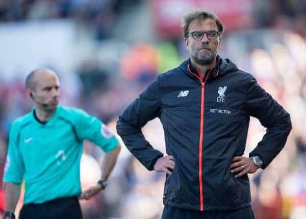 STOKE-ON-TRENT, ENGLAND - Saturday, April 8, 2017: Liverpool's manager Jurgen Klopp reacts during the FA Premier League match against Stoke City at the Bet365 Stadium. (Pic by Laura Malkin/Propaganda)