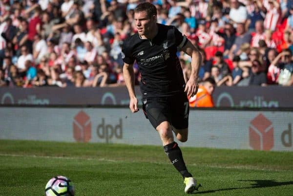 STOKE-ON-TRENT, ENGLAND - Saturday, April 8, 2017: Liverpool's James Milner in action against Stoke City during the FA Premier League match at the Bet365 Stadium. (Pic by Laura Malkin/Propaganda)