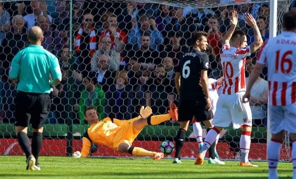 STOKE-ON-TRENT, ENGLAND - Saturday, April 8, 2017: Liverpool's goalkeeper Simon Mignolet is beaten as Stoke City score the opening goal during the FA Premier League match at the Bet365 Stadium. (Pic by David Rawcliffe/Propaganda)