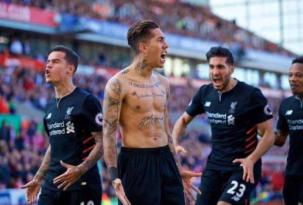 STOKE-ON-TRENT, ENGLAND - Saturday, April 8, 2017: Liverpool's Roberto Firmino celebrates scoring the second goal against Stoke City during the FA Premier League match at the Bet365 Stadium. (Pic by David Rawcliffe/Propaganda)